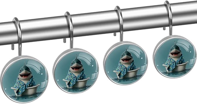 Bathing Cartoon Shark Shower Curtain Hooks Rings, Stainless Steel Rust Proof Shower Curtain Hooks, Decorative Shower Hooks for Bathroom Shower Rods Curtains, Set of 12