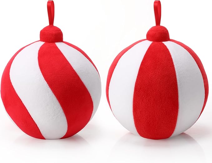 2 Pcs Christmas Pillows 7 Inch Round Christmas Ornament Shaped Throw Pillow Cute 3D Ball Xmas Throw Cushion Decoration for Bed Couch Sofa Chair Living Room(Red and White)