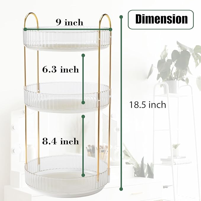 Rotating Makeup Organizer Countertop 3 Tier Lazy Susan Trays Clear Skincare Perfume Storage for Bathroom Counter Vanity, Transparent