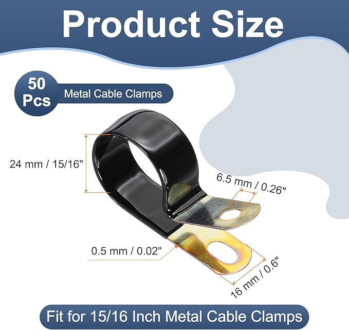 PATIKIL 15/16 Inch Vinyl Coated Cable Clamps, 50 Pack Galvanized Steel Metal Cable Clips Rubber Cushion Insulated Pipe Clamps for Tube Lines Cord Wire Management, Black