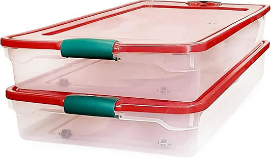 HOMZ 60-Quart Holiday Plastic Underbed Storage Bins with Red Latching Lids, Secure Clear Rolling Storage for Home Organization, 2 Pack, Green Latches