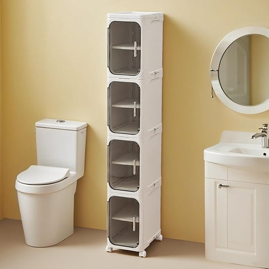 4-Tier Plastic Bathroom Slim Storage Cabinet with Magnetic Doors, Movable Wheels, Foldable Narrow Organizers and Storage for Small Spaces, Kitchen (White)