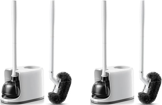 HAMITOR Toilet Plunger and Brush Set for Bathroom Cleaning with Extented Handle - Heavy Duty Toilet Plunger Combo Accessories with Caddy Stand Holder for Small Space - White,2 Sets