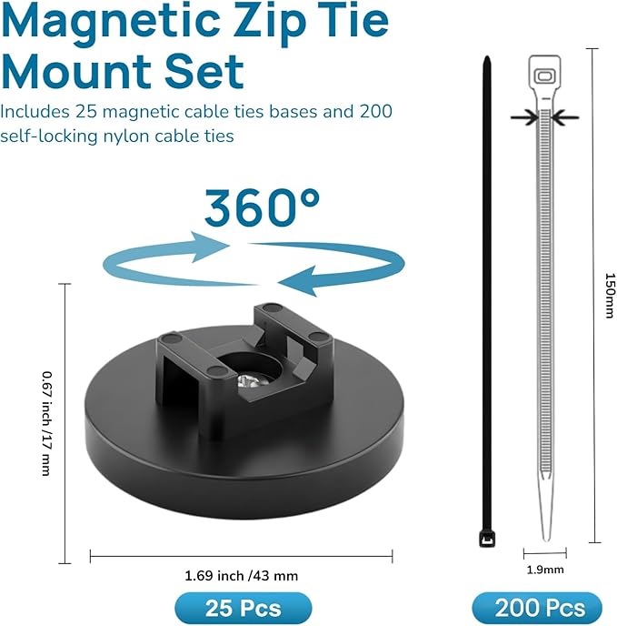 Magnetic Zip Tie Mount Set, 25 Magnetic Cable Tie Mounts with 200 Cable Ties, Strong Wire Management Cables Holder, Multipurpose Electrical Cord Management Cord Holders Organizer (43mm)