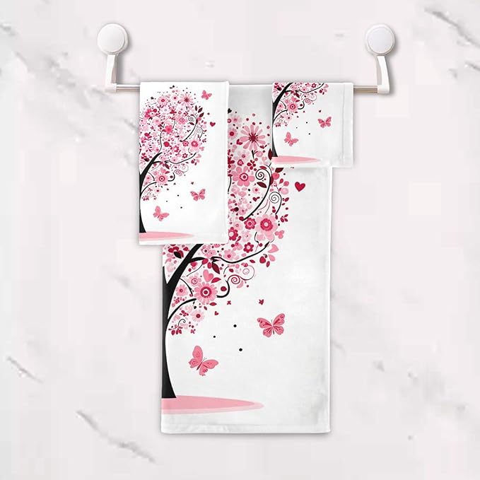 Pfrewn Pink Flowers Heart Tree Towels Set of 3 Romantic Love Spring Trees Butterfly Bathroom Towel Soft Absorbent Bath Hand Towels Washcloth Guest Towel Sets Mother's Valentine's Day Decorations