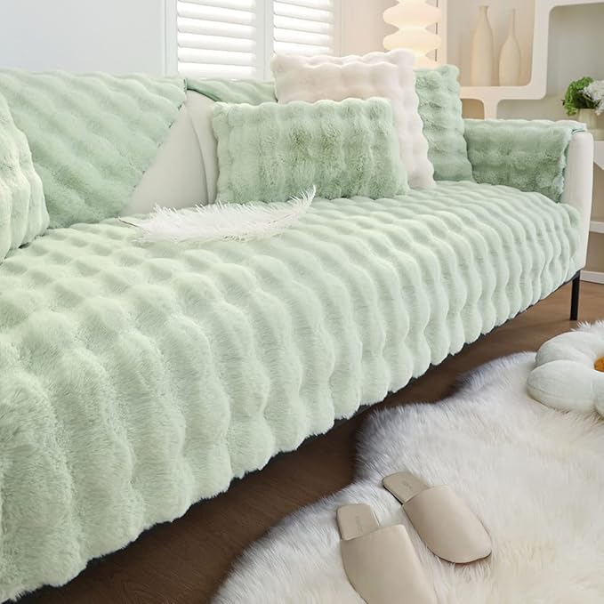 Soft Warm Faux Fur Couch Sofa Cover Thick Shaggy Fuzzy Sectional Couch Cover Non-Slip Solid Color Plush Sofa Slipcover Furniture Protector for Kids, Pets (Light Green,36"x70")