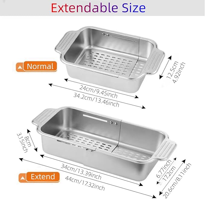 Extendable Over the Sink Colander Strainer Basket, Stainless Steel Retractable Kitchen Sink Basket - Wash Vegetables, Fruits, Drain Pasta and Dry Dishes XL (XL)