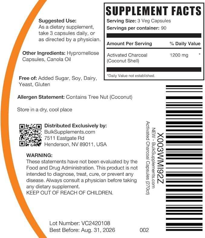 BulkSupplements.com Activated Charcoal Capsules - Coconut Charcoal, Activated Charcoal for Kidney Support, Activated Charcoal Pills - Vegan, 3 Capsules per Serving (1200mg), 270 Veg Capsules