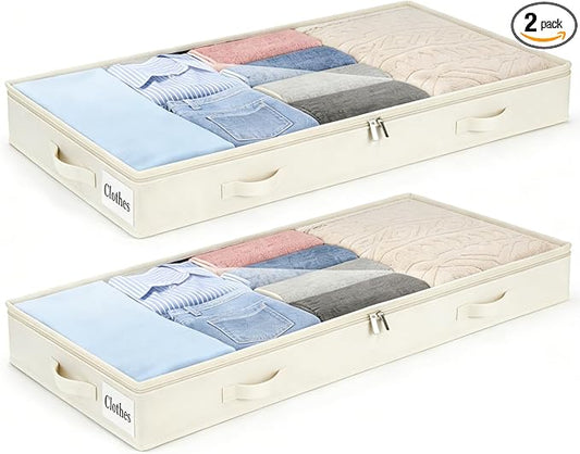 4 Inch Low Profile Under Bed Storage Drawer 2 Pack, Lightweight Underbed Clothes Storage Container Bins with NO STURCTURE, Shallow Storage Bag for Dorm & Home, With Clear Lids & Water-Resistant Fabric