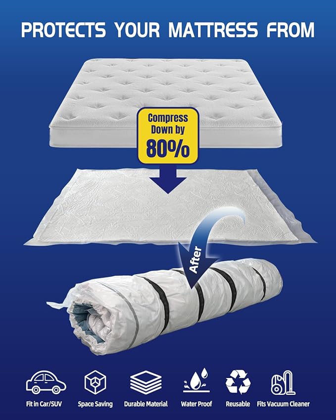 Vacuum Storage Bags for moving, Vacuum Seal Bags for Memory Foam, Latex, Clothing & Bedding, Space Saver Bags for Organization and Storage(1 King/Cal-King)