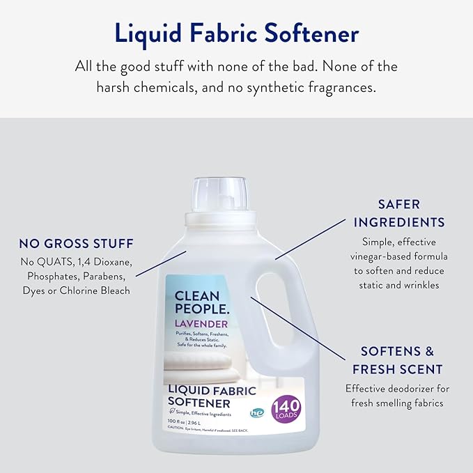 Clean People All Natural Liquid Fabric Softener - Plant-Based, Eco Friendly - Naturally Softens & Removes Static Cling - Vegan - Lavender Scented Laundry Softener - 100 fl oz - 140 loads