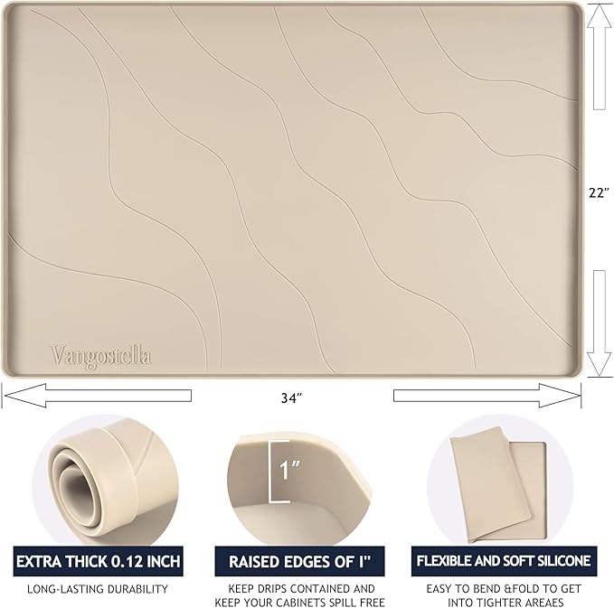Heavy Duty Silicone Under Sink Mats for Kitchen Waterproof 31" x 22", Extra Thick Under Sink Rubber Mat Drip Tray, Raised Edge Under Sink Liner,Prevent Drips, Leaks, Spills,Taupe