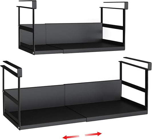 Expandable Under Cabinet Shelf Organizer with 0.94-Inch Thick Clips, Heavy Duty Extendable Under Shelf Storage Basket for Pantry or Laundry Room, Black, 2 Pack, Interior: 5.7" H x 7.2" D