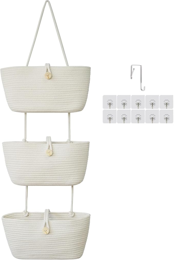 TeoKJ Over the Door Hanging Baskets with Wooden Button, 3-Tier Wall-Mounted Decorative Nursery Kitchen Baskets, White