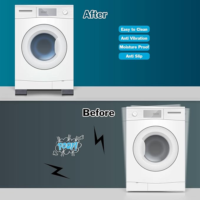 Anti Vibration Pads for Washing Machine - Washer and Dryer Pedestals High Hard Wearing Square Rubber Foot Pads, Noise Cancelling and Shock Support Protects Pedestals (4 Pcs)