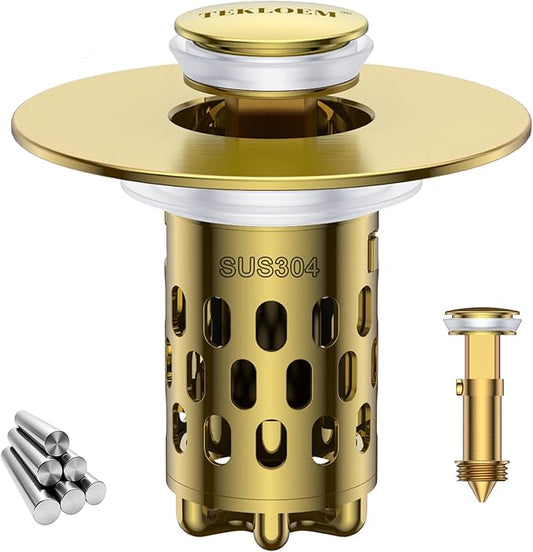 Bathroom Sink Stopper,All Metal Pop-Up Sink Drain Strainer with Removable Stainless Steel Filter Basket, Universal Bathroom Hair Catcher Fit for 1.1-2.36'' Drain (Gold, 1 Pack)