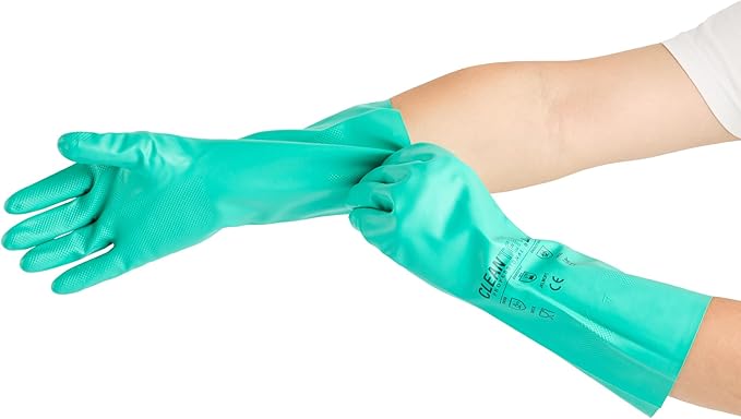 Restaurantware Green Cleaning Gloves 10 Pairs 15 Mil Thick Extra Large Heavy-Duty Nitrile Gloves With Long Cuff No-Latex Flock Lining For Use In Hospitals, Commercial Kitchens and Households