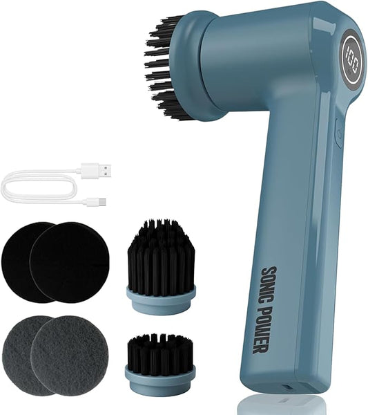 Electric Spin Scrubber – Handheld & Ergonomic, IPX7 Waterproof, 4 Multi-Purpose Brush Heads, Long-Lasting Rechargeable Battery – Cleans Dishes, Bathroom, Tile, Grout & Kitchen (Steel Blue)