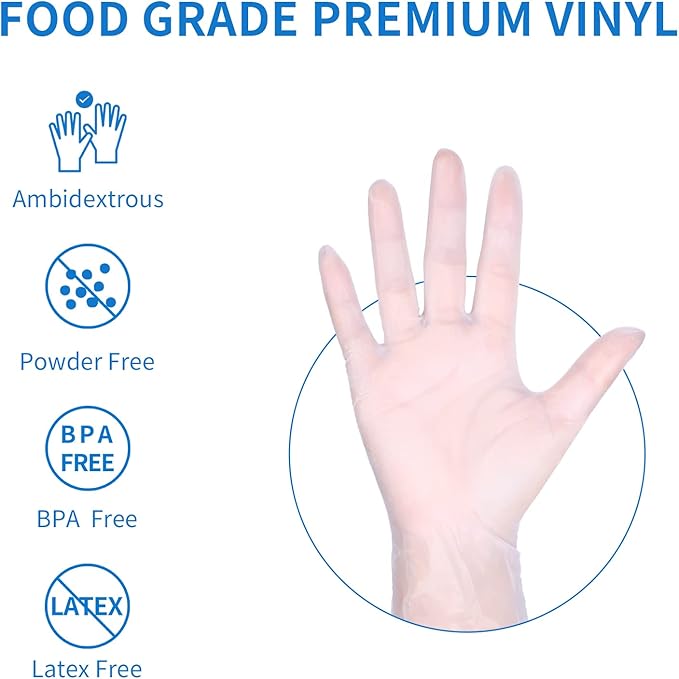 EDI Clear Powder Free Vinyl Glove,4.3 mil,Disposable glove,Industrial Glove,Clear, Latex Free and Allergy Free, Plastic, Work, Food Service, Cleaning,100 gloves per box (1000, large)