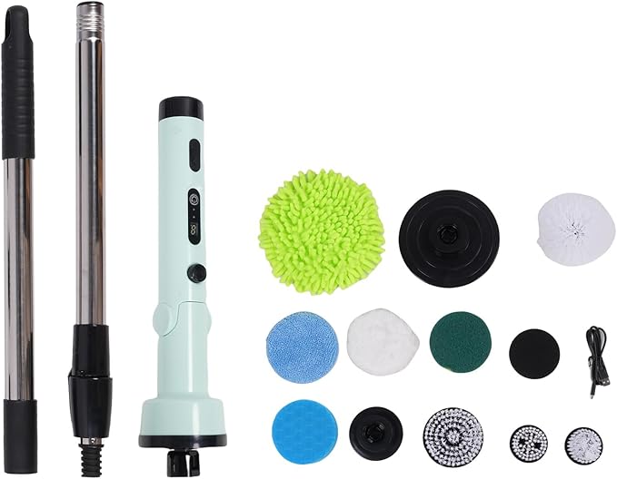 Electric Spin Scrubber, Water Proof Shower Scrubber Cordless Cleaning Brush with 9pcs Brush Head and Adjustable Detachable Long Handle for Bathroom Bathtub Kitchen Wall Cleaning
