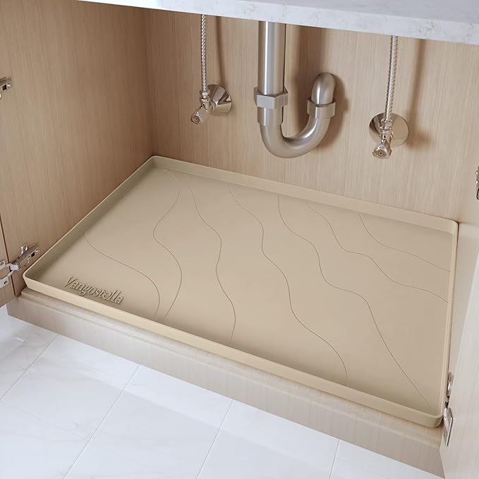 Heavy Duty Silicone Under Sink Mats for Kitchen Waterproof 19" x 19", Extra Thick Under Sink Rubber Mat Drip Tray, Raised Edge Under Sink Liner,Prevent Drips, Leaks, Spills,Beige