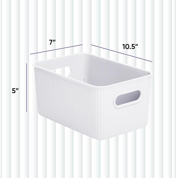 Superio Ribbed Collection - Decorative Plastic Basket Open Home Storage Bins Organizer, Medium White (6 Pack) Container Boxes for Organizing Closet Storage Bins for Shelves Drawer Shelf 5 Liter