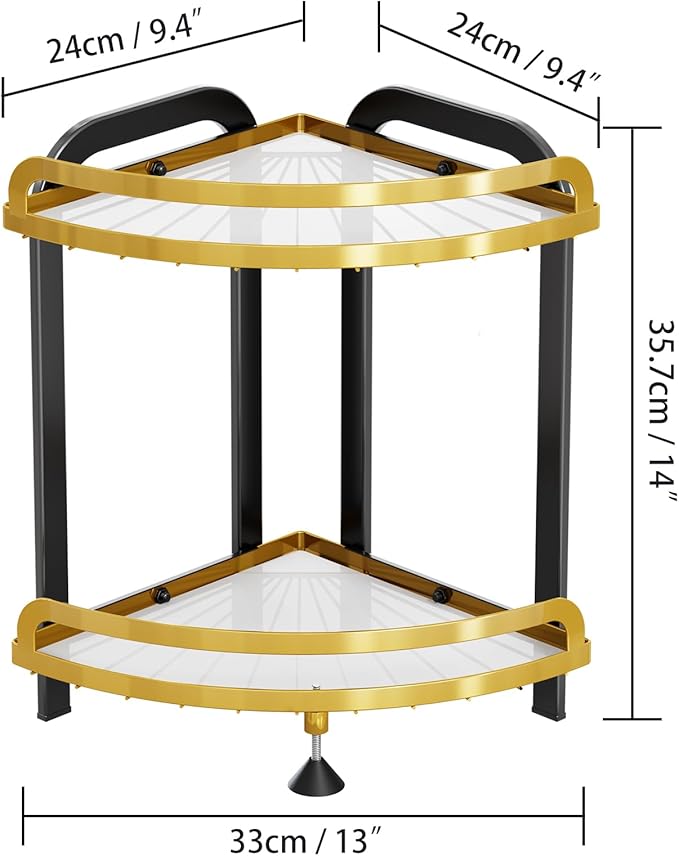 2 Tier Bathroom Organizer Countertop XL Corner Shelf, Black Gold Bathroom Counter Organizers, Large Capacity Vanity Shelves, Corner Skincare Makeup Storage, 9''W x 9''L x 13.78''H