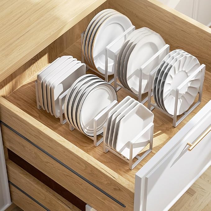 2PCS Plate Holders Organizer, Metal Dish Storage Dying Display Rack for Cabinet, Counter and Cupboard - White， Small and Large