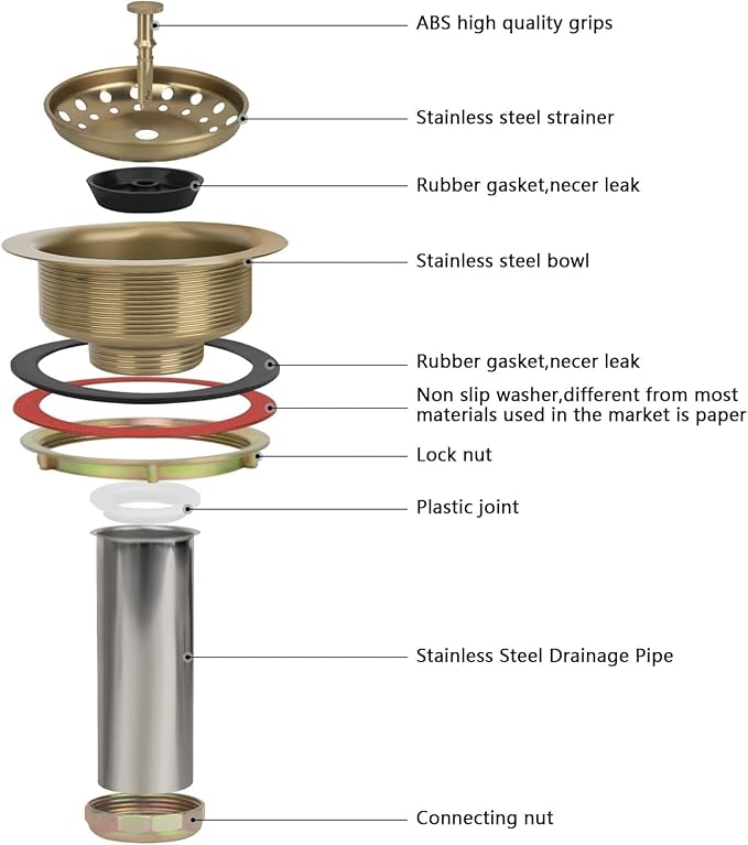Uni-Green Champagne Bronze Kitchen Sink Drain for Standard 3-1/2 inch Drain - Fit 1-1/2 inch Pipe - Kitchen Sink Drain Strainer Stainless Steel Basket with Knob - Rubber Stopper Bottom