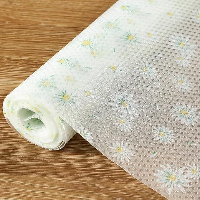 Daisy Flower Shelf Liner for Kitchen Cabinets, Non-Adhesive Drawer Liners, Non-Slip Refrigerator Mat, Washable EVA Cabinet Liner for Pantry, Fridge, Closet, Cupboard, 17.7" x 20 FT