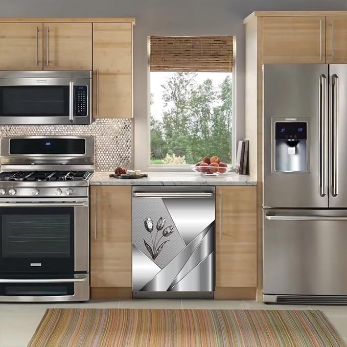 Generic Polished Metal Texture Dishwasher Magnetic Cover for Door Front,Silver Stainless Steel Flowers Refrigerator Magnet Decor Floral Magnet Panel Decal, Fridge Home Appliance Sticker 23x26inch