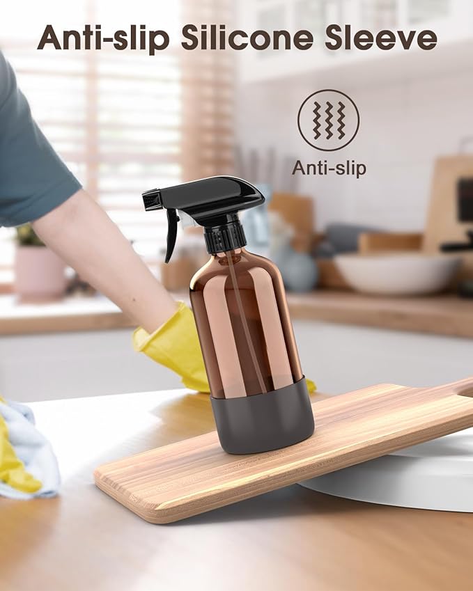 Glass Spray Bottle with Silicone Sleeve Protection, Amber Glass Spray Bottle Set for Window Cleaner Aromatherapy Facial Hydration Watering Flowers Hair Care 2 Pack/16 oz (Grey, 16 oz)