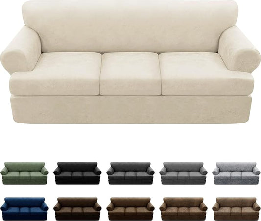 4-Pieces T Cushion Sofa Slipcovers Leather Look Couch Cover for 3 Cushion Couch Furniture Protector Stretch Sofa Cover with 3 Individual T Cushion Seat Covers Washable, Beige