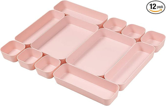 Backerysupply Set Of 12 Pink Color Plastic Desk Drawer Organizers For Makeup Bathroom Office Kitchen Vanity Drawer Storage Box Container