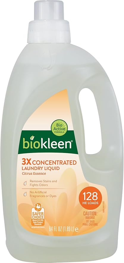 Biokleen Natural Laundry Detergent - 128 HE Loads - Liquid, Concentrated, Eco-Friendly, Non-Toxic, Plant-Based, No Artificial Fragrance or Preservatives, Citrus Essence
