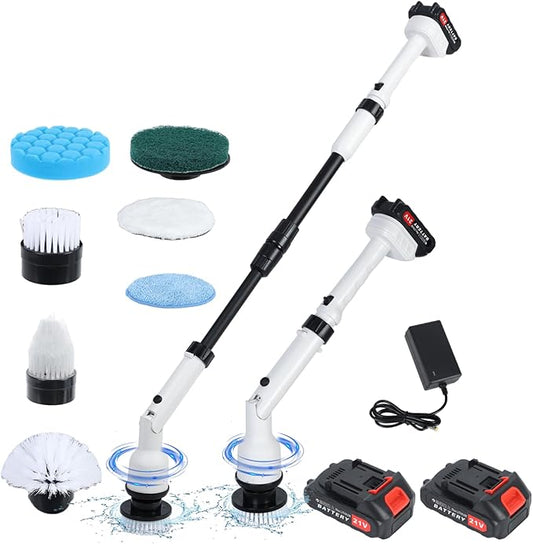 Electric Spin Scrubber, Cordless Cleaning Brush Scrubber, Shower Scrubber with 4 Replaceable Heads, IPX7 Waterproof, Dual Batteries, Adjustable Telescopic Handle for Bathroom/Tile/Grout/Floor (White)