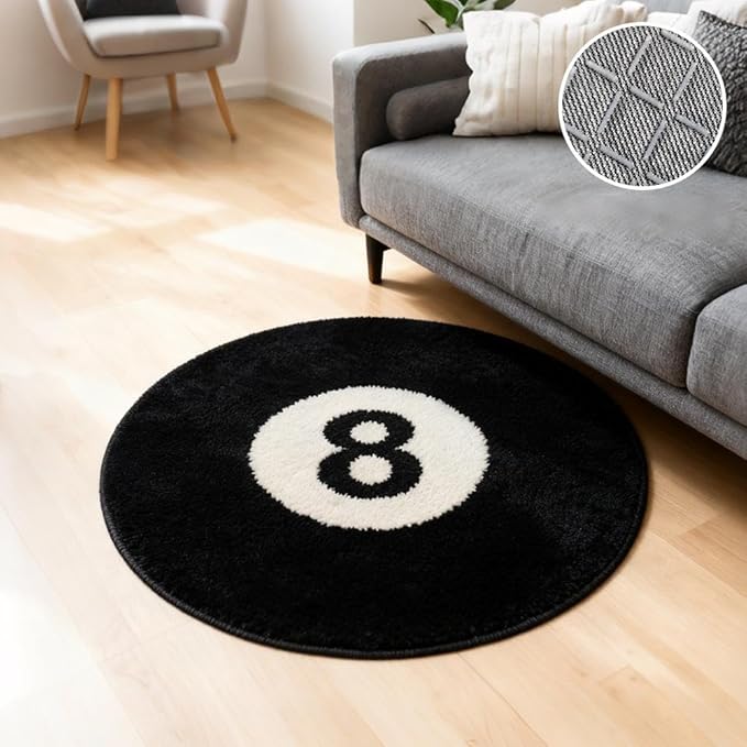 24-Inch Black 8 Ball Rug | Large Round Floor Mat with Cool Eight-Ball Design for Bedroom & Living Room Decor, Ideal Housewarming Gift for Home and Dorm