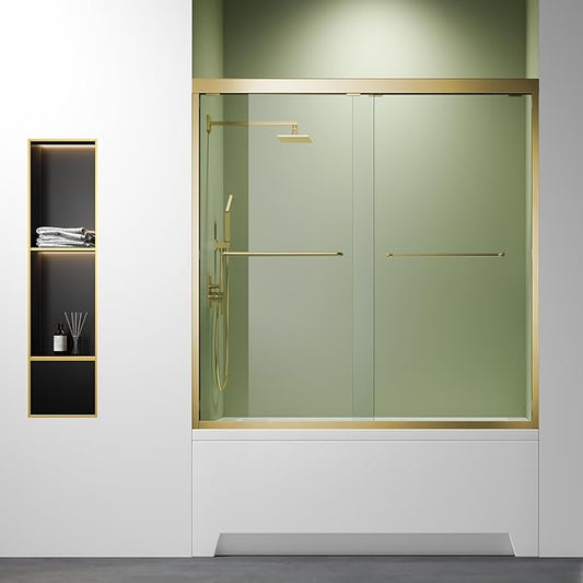 60"x 62" Brushed Gold Bathtub Shower Door,ANSI/SGCC Certified 6mm Tempered Glass,Corrosion-Proof Stainless Steel Handle & Aluminum Frame & Silent Glide Technology,Easy Install Reversible Sliding Door