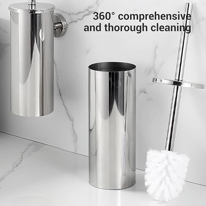 Focket Toilet Brush and Holder Set, Stainless Steel Toilet Bowl Brush with Sealable Lid and Stable Base, Heavy Duty Bowl Cleaner Brush for Home RV Bathroom Accessories (Bright Silver)