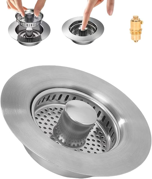 3-in-1 Kitchen Sink Drain Strainer - Pop Up Sink Stopper with Anti-Clogging Basket, Kitchen Gadgets Clearance Sink Accessories, Fits Standard 3-1/2” Openings for Double Bowl Kitchen Sinks