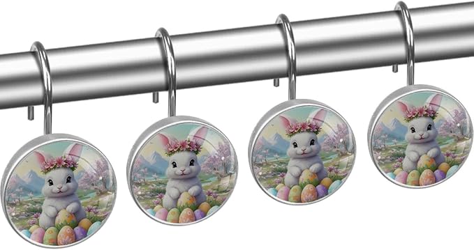 Bunny Rabbit and Easter Eggs Shower Curtain Hooks 12Pcs, Decorative Rust Resistant Shower Rings for Shower Curtain Rods, Stainless Steel Round Curtain Hooks for Bathroom, Bedroom, Farmhouse