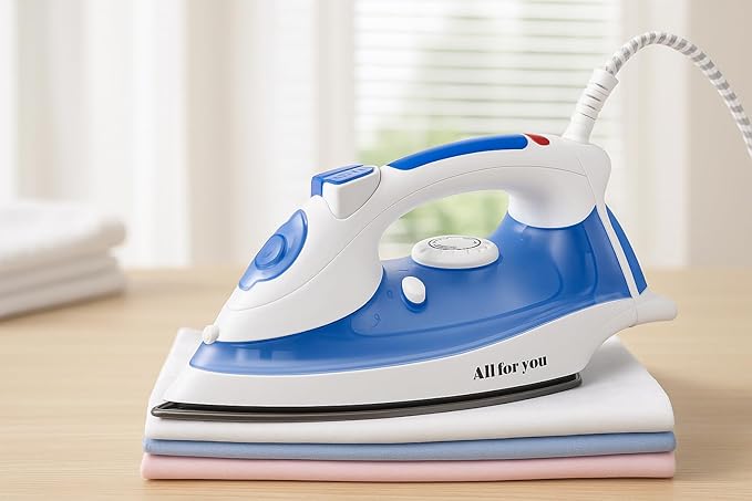 J&V TEXTILES Steam Iron with Ceramic Soleplate, Adjustable Temperature Control, Burst Steam Function, Anti-Calc System, Self-Clean Feature for All Fabrics (Blue)