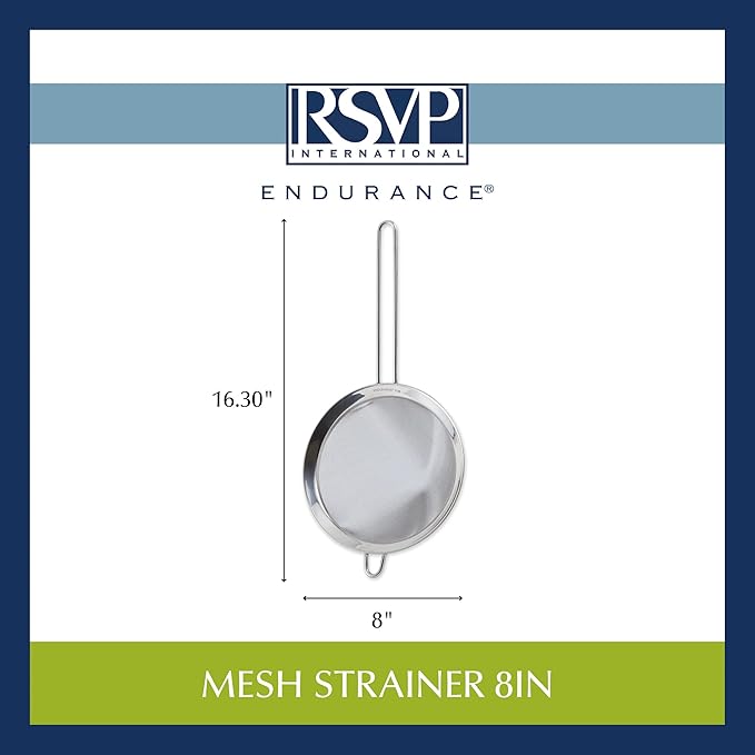 RSVP International Endurance Kitchen Collection, Stainless Steel Fine Mesh Conical Sieve/Colander, Multi-Purpose for Cooking, Baking, Loose Leaf Tea, Bar Strainer Cocktails, 8-Inch