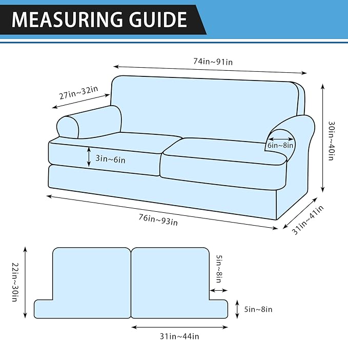 3-Pieces T Cushion Sofa Slipcovers - Leather Look Couch Cover for 2 Cushion Couch - Furniture Protector Stretch Sofa Cover With 2 Individual Seat Covers, Washable, Grey