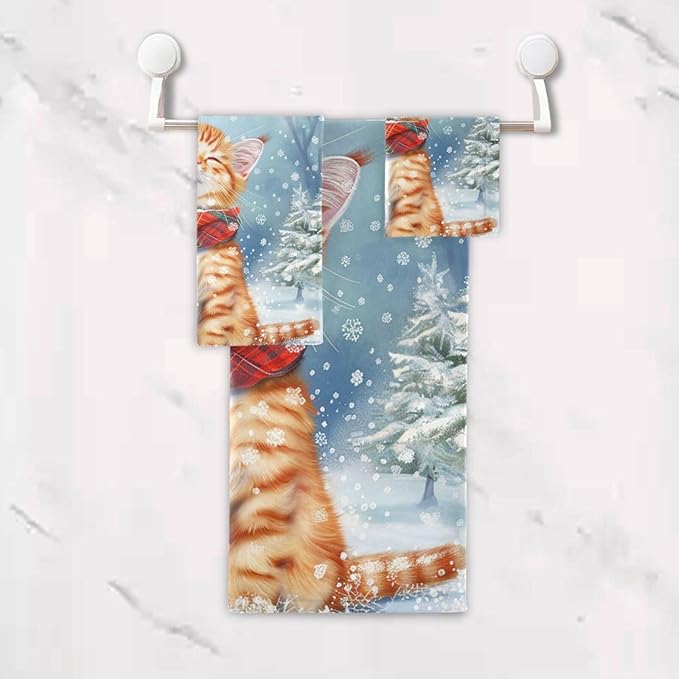 Pfrewn Christmas Winter Towels Set of 3 Cute Cat Wearing Plaid Scarf Bathroom Towel Soft Absorbent Bath Hand Towels Washcloth Guest Towel Sets Xmas Holiday Decor