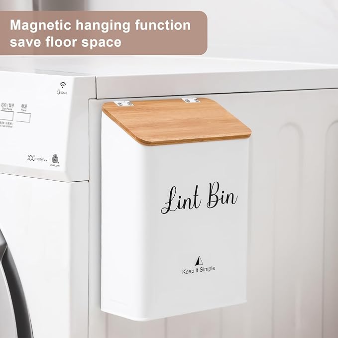 SUBEKYU Magnetic Lint Bin for Laundry Room, Wall Mounted Metal Lint Box Holder with Lid for Dryer,Laundry Room Organization and Storage,Bamboo Lid Lint Basket,White