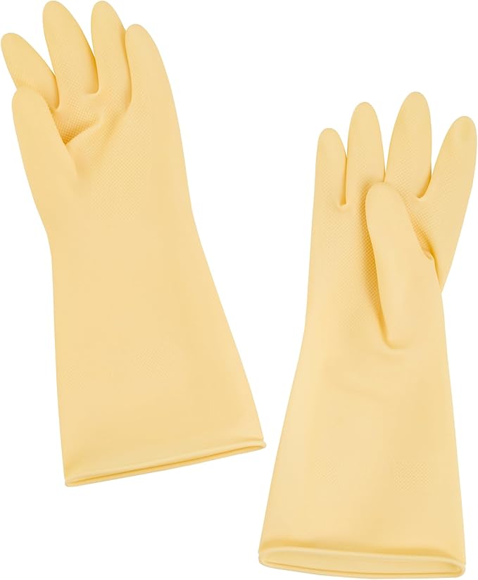 Restaurantware Latex Gloves 10 Count 13 Inch Extra Large Textured Grip Disposable Gloves for Kitchen Safety, 22-Mil Thickness and Long Cuff Yellow Rubber Gloves for Food Preparation and Cleaning