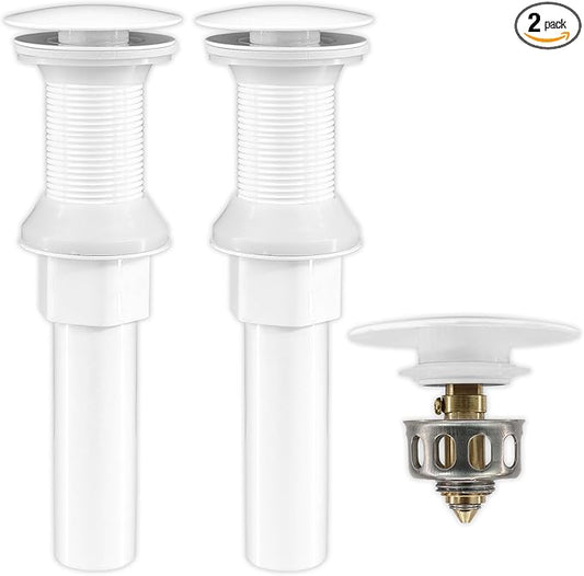 Bathroom Sink Drain,2 Pack White Drain Stopper Bathroom Sink Without Overflow,Pop Up Drain Assembly with Detachable Strainer Basket,Built-in Anti-Clogging, Stainless Steel Nut