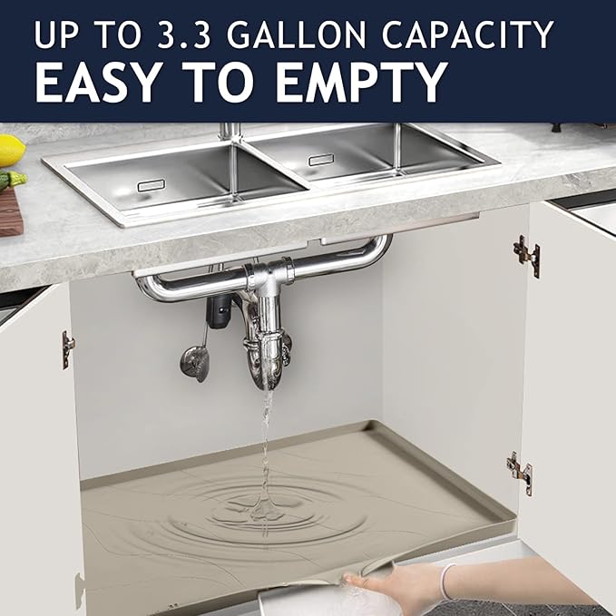 Heavy Duty Silicone Under Sink Mats for Kitchen Waterproof 19" x 19", Extra Thick Under Sink Rubber Mat Drip Tray, Raised Edge Under Sink Liner,Prevent Drips, Leaks, Spills,Brown