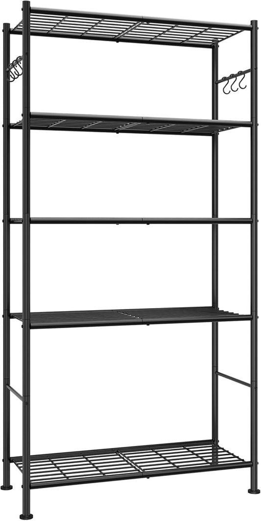 Storage Shelves - 5-Tier Spacious Shelf Organizer with Hooks & Leveling Feet, Easy to Assemble, Rust-Resistant Garage Shelving for Kitchen, Pantry, Bedroom, 33.2" x 12.7" x 71.7", Black